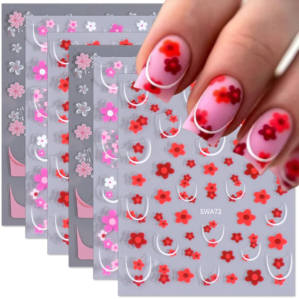 6 Sheets 3D Flower Nail Art Stickers Spring Flowers Nail Decals Self Adhesive Nail Art Supplies Red Pink Small Flower Nail Art Decorations Cute Floral