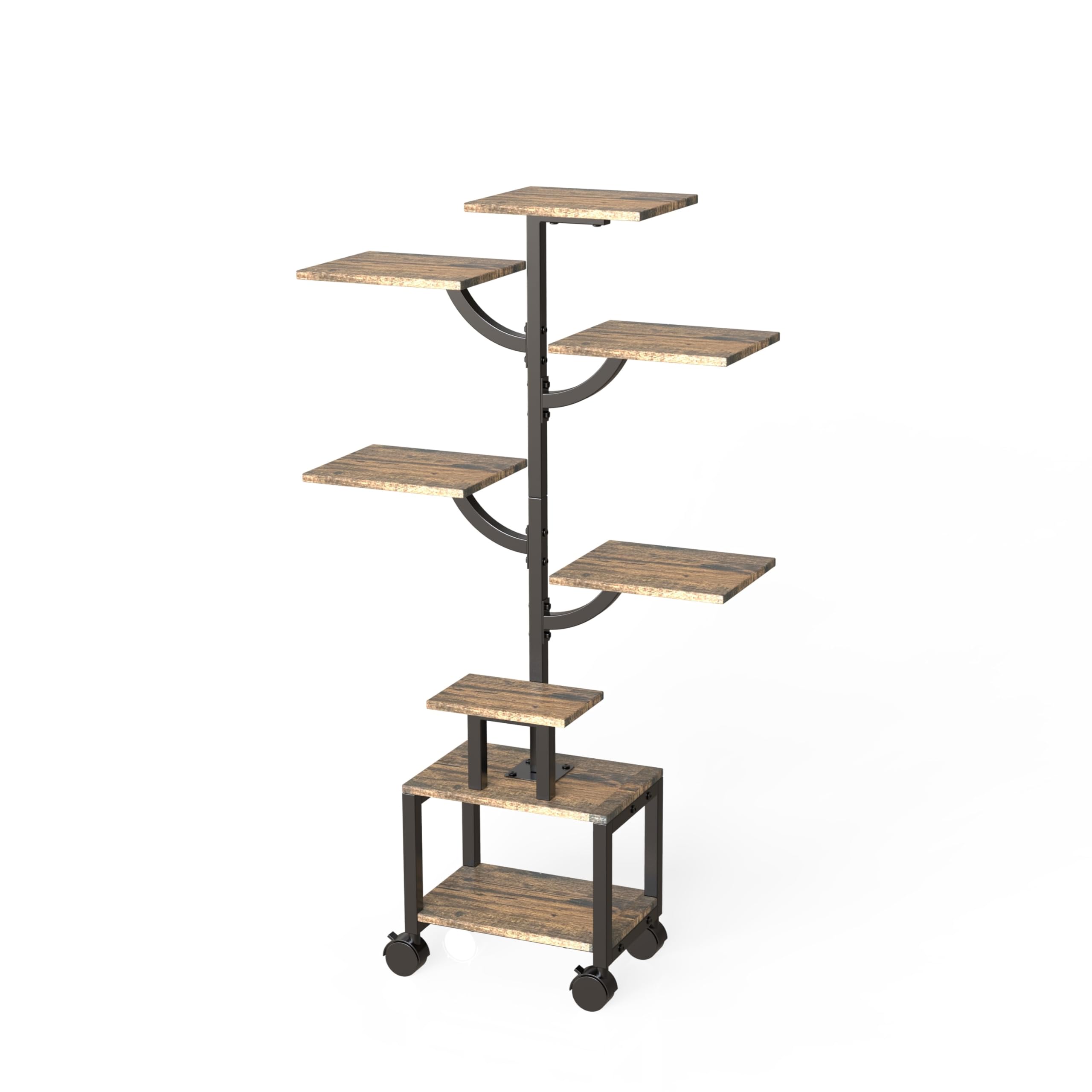 7-Tier Plant Stand with Wheels, Tall Metal and Wood Indoor Plant Shelf with Tree Design, Rolling Flower Pot Holder Rack with Waterproof Finish, Adjustable Display Stand for Home Garden Patio