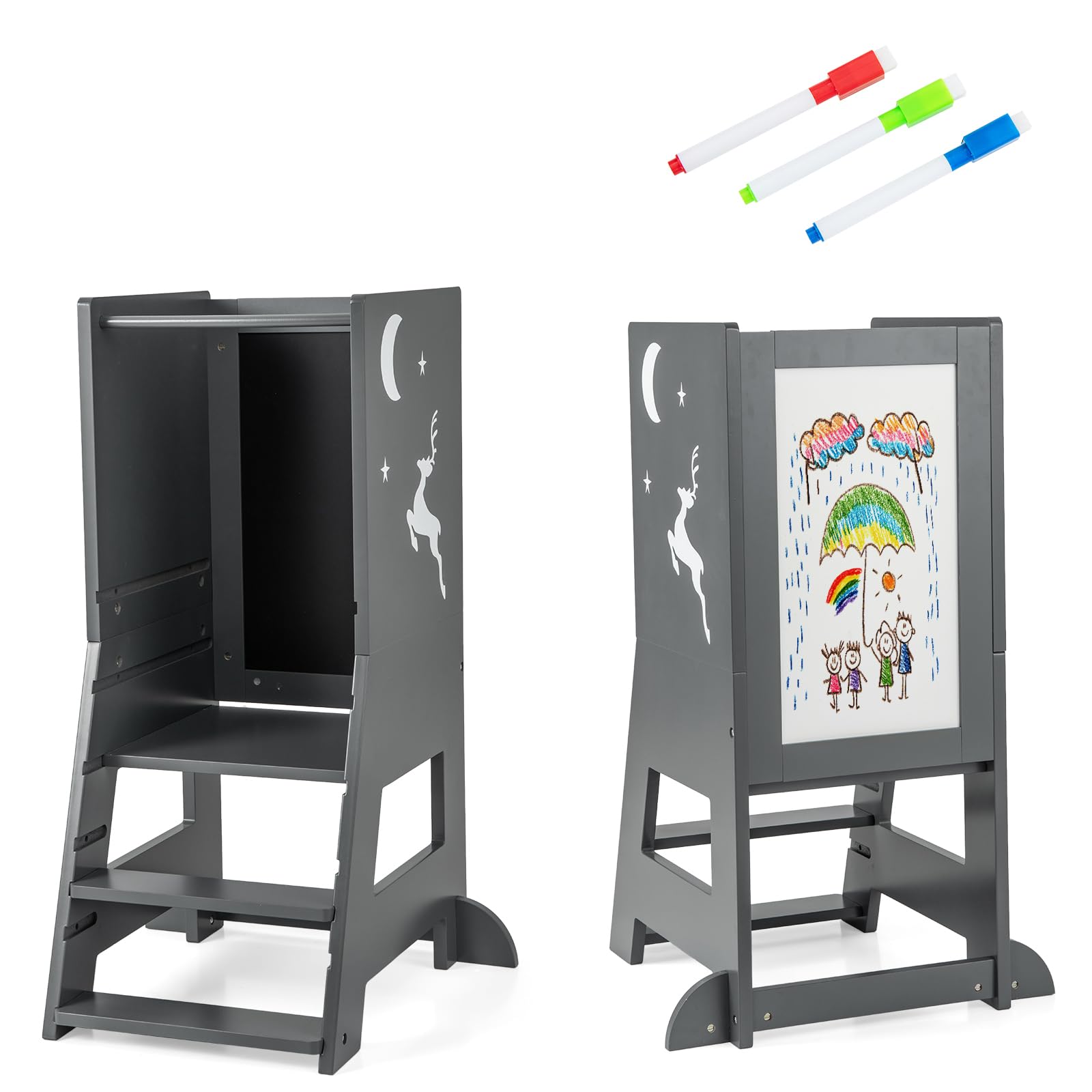 LIFEZEAL Drewniana wieża obserwacyjna dla dzieci, 3 regulowane wysokości, poprzeczka bezpieczeństwa, wieża edukacyjna Montessori, dwustronna tablica, 3 długopisy, stopnie 37x50x87 cm, obciążenie 70 kg