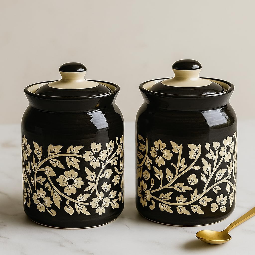 D'Maiolica Pickle Jars in 1000ml (set of 2) | Handpainted Black Floral Bale Pattern 1 kg Achaar Martban | Ceramic Container Set for Kitchen Storage (Pack of 2) (Black Floral, 1000mL)