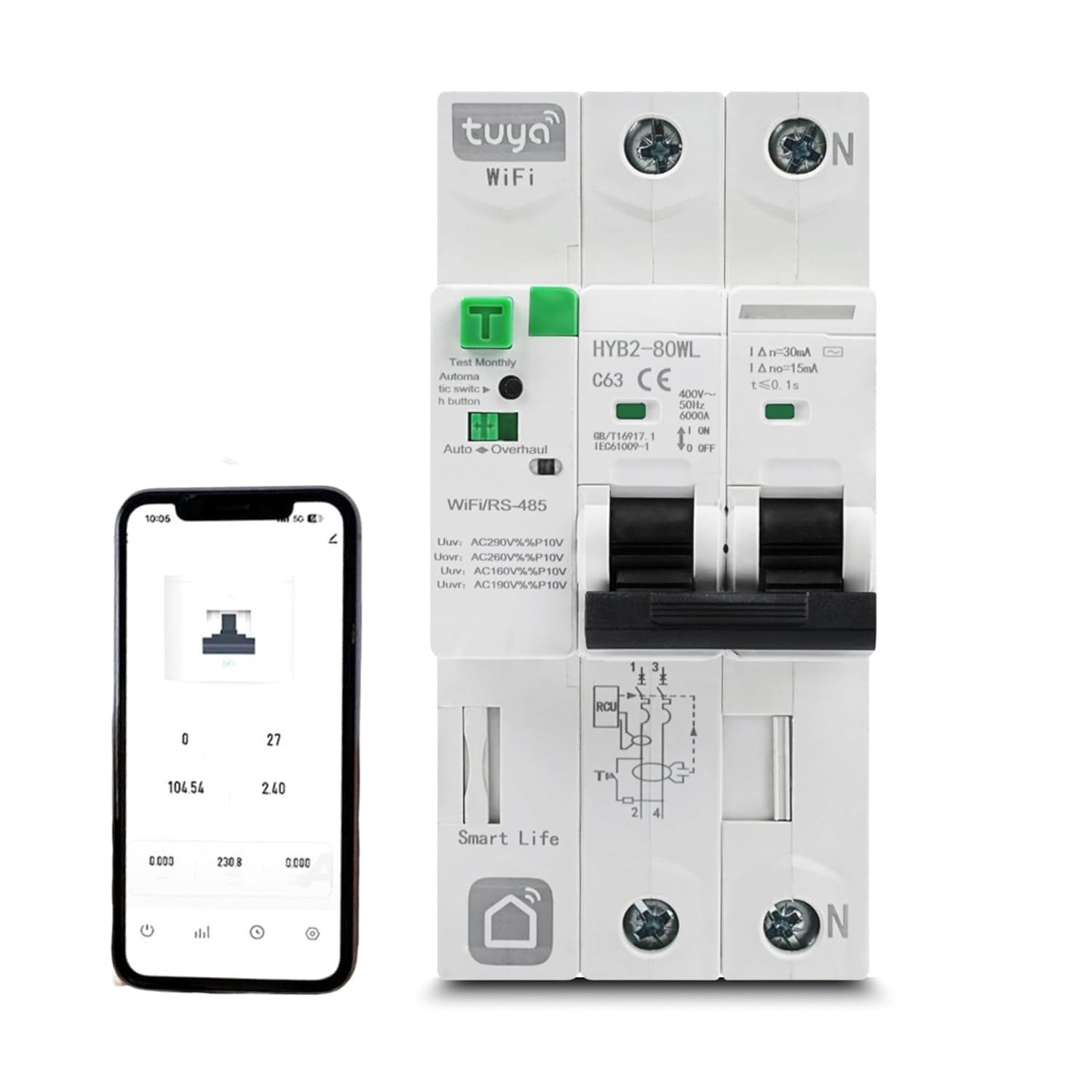 Jadeshay Interruttore Magnetotermico Differenziale Smart WiFi 63A 30mA 400V 6kA Dispositivo di Riarmo Automatico Salvavita RCCB,Controllare Chiusura e Suddivisione Tramite APP Tuya e Smart Life
