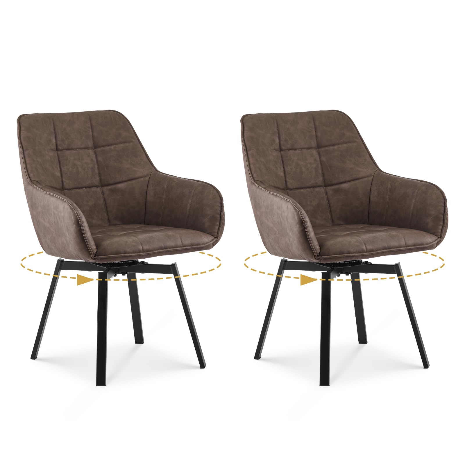 TUKAILAi Swivel Dining Chairs Set of 2 with Arms, Brown Faux Leather Thick Padded Upholstered Seat & Rotatable Metal Legs for Home Kitchen,Office Reception,Bedroom, Restaurant