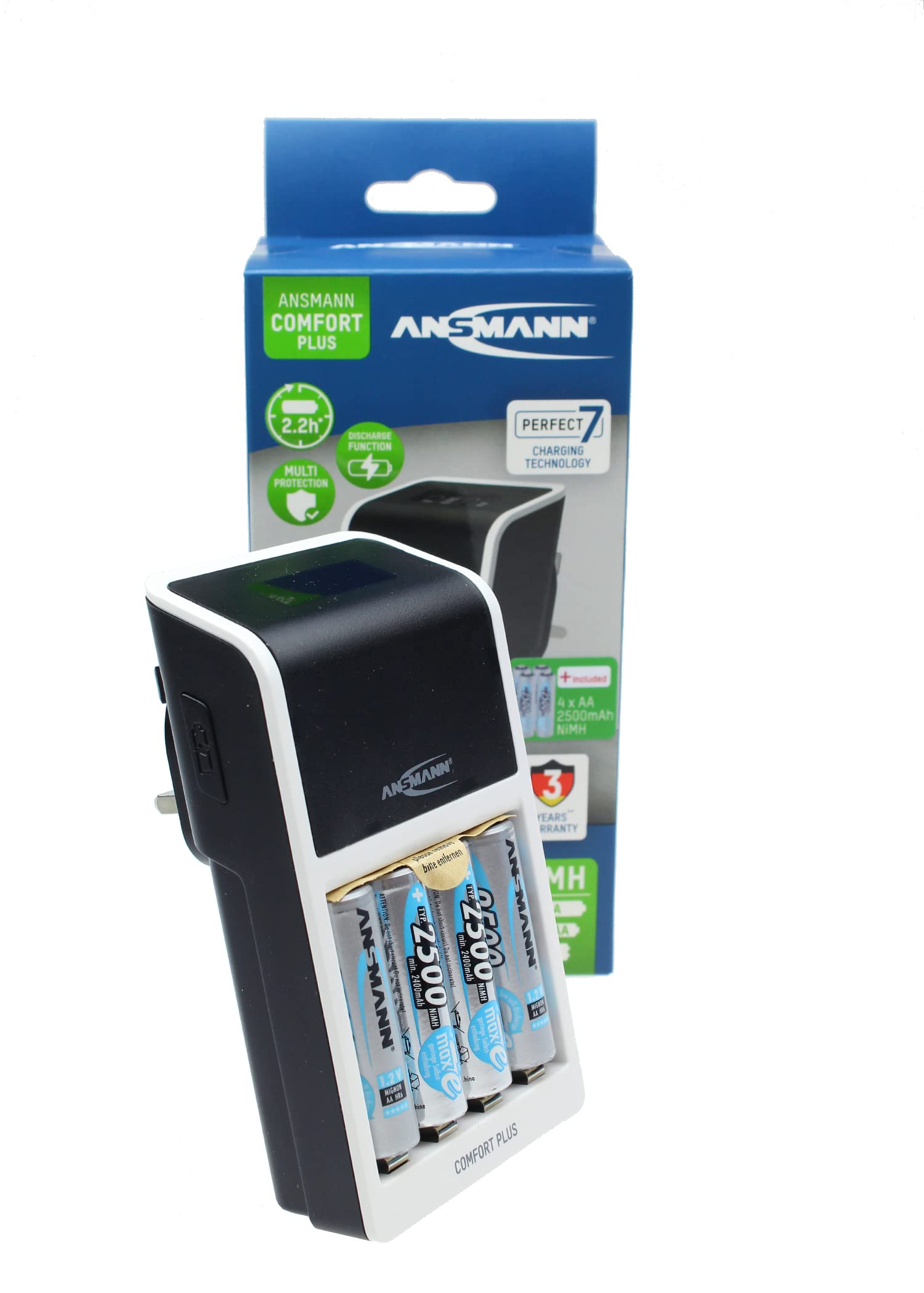 Ansmann Comfort Plus AA, AAA & 9V Battery Charger For NiMH NiCd Rechargeable Batteries with UK 3-Pin Plug & 4 x AA 2500mAh Batteries - 3 Yr Warranty, White, (1001-0094-44-02)