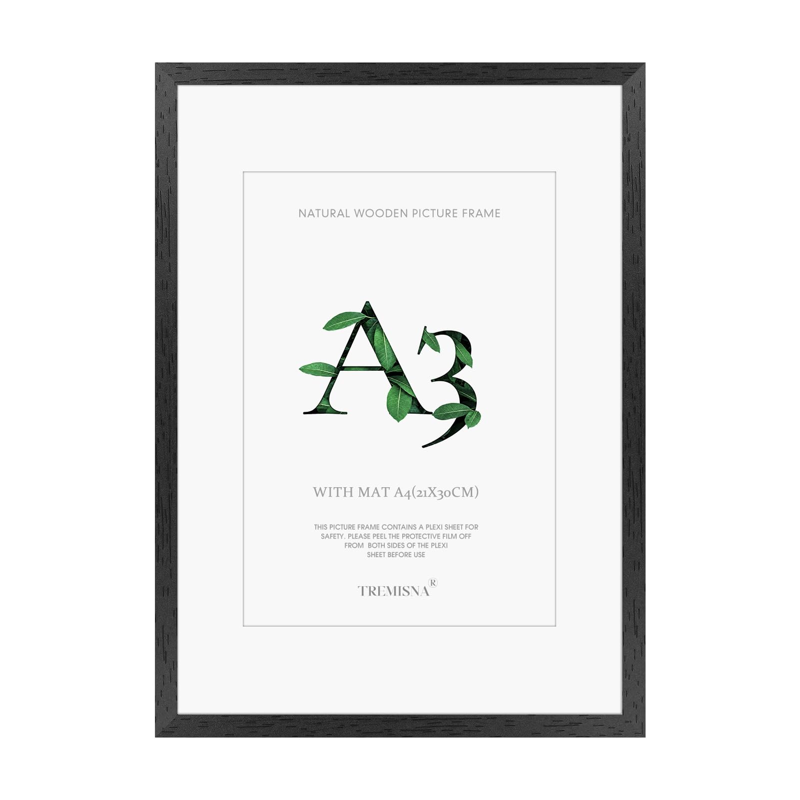 Tremisna® 1x A3 (29.7x42cm) Black Wood Picture Frame with Removable Mat for A4 (21x29.7cm) or Use Without Mat for A3 Prints, Includes HD Perspex – Wall Mountable