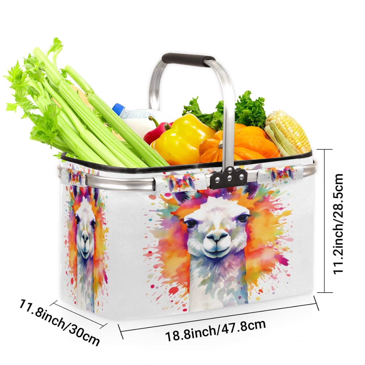 Skonsati Cute Llama Folding Picnic Basket Large Reusable Shopping Basket Collapsible Grocery Tote Bag with Handle & Aluminum Frame for Picnic Beach Pool Festival