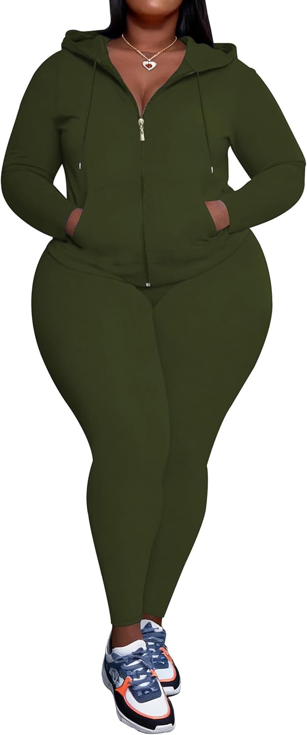 PINSV Women's Plus Size 2 Piece Outfits Sweatsuits Zip Up Hoodie Pants Tracksuit Sets