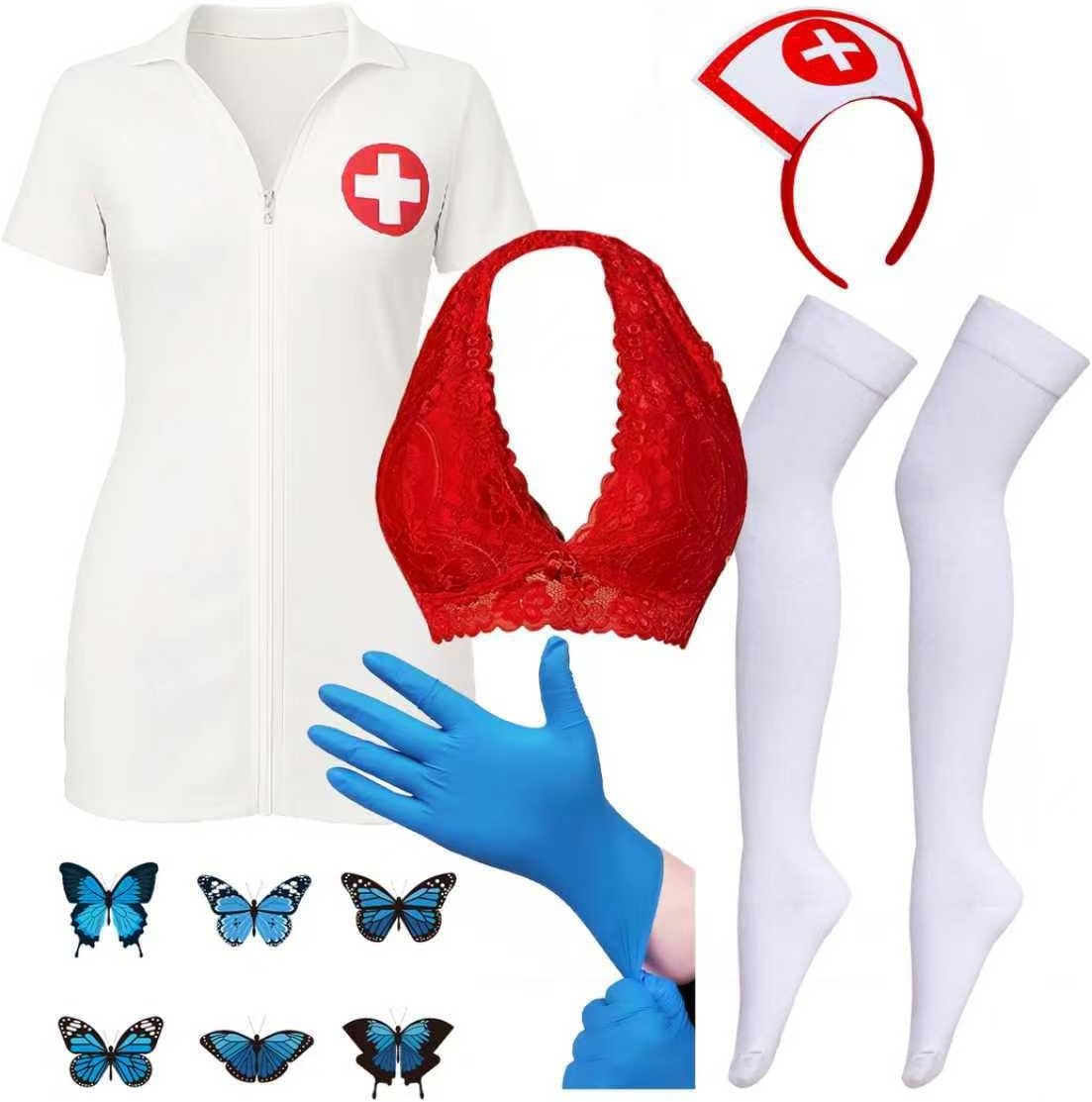 YIXAXKAO Halloween Nurse Costume Nurse Hat Headband Blue Butterfly Temporary Tattoos Stocking Bra for Women Cosplay