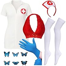 YIXAXKAO Halloween Nurse Costume Nurse Hat Headband Blue Butterfly Temporary Tattoos Stocking Bra for Women Cosplay