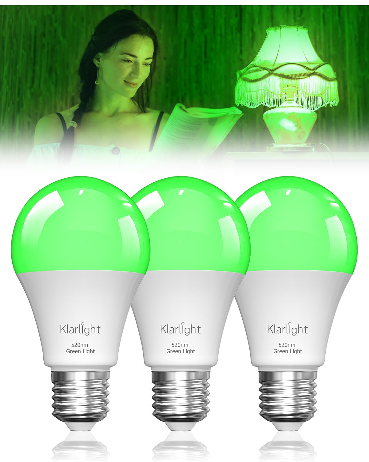 Klarlight 520nm Full Spectrum Green Light Naturally Relieves Stress, E27 9W Green Sleep Light Bulb or Reading Light, 60W Equivalent, Ideal for Relaxation Calm, Meditation, Nighttime Unwinding, 3 Pack