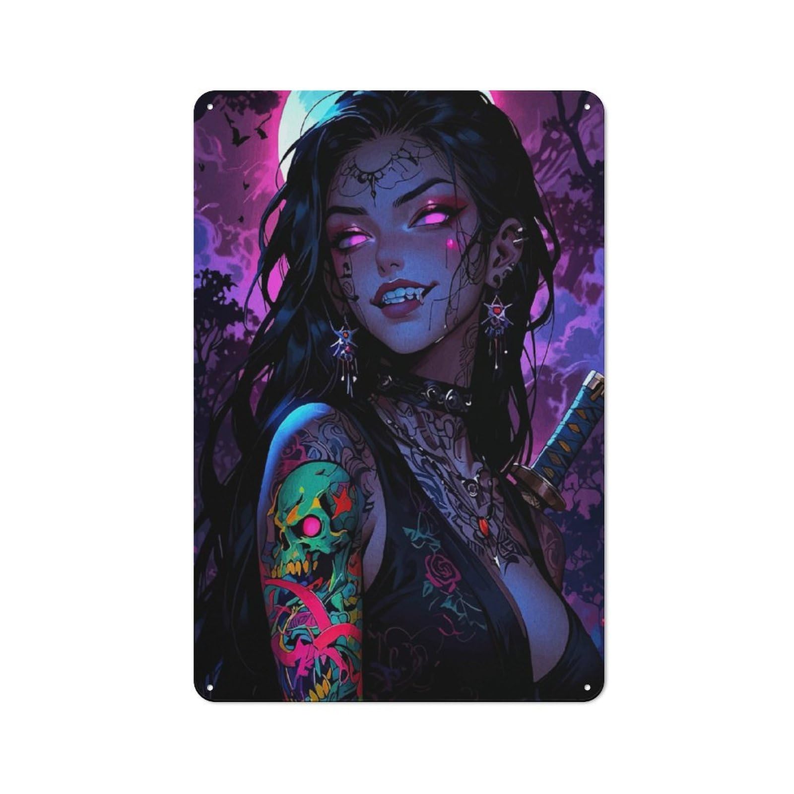 Junmoney Girls Style-10 Vintage Metal Sign 30X20cm Featuring Tattooed Vampire With Katana, Home Bar Decor For Cafe, Pub, Workshop Or Home Bar