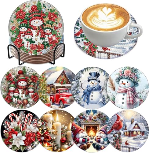 Zythron 8 PCS Christmas Diamond Art Coasters Christmas Diamond Painting Coasters Kits with Holder DIY for Beginners Adults Diamonds Art Crafts Supplies 4x4 in