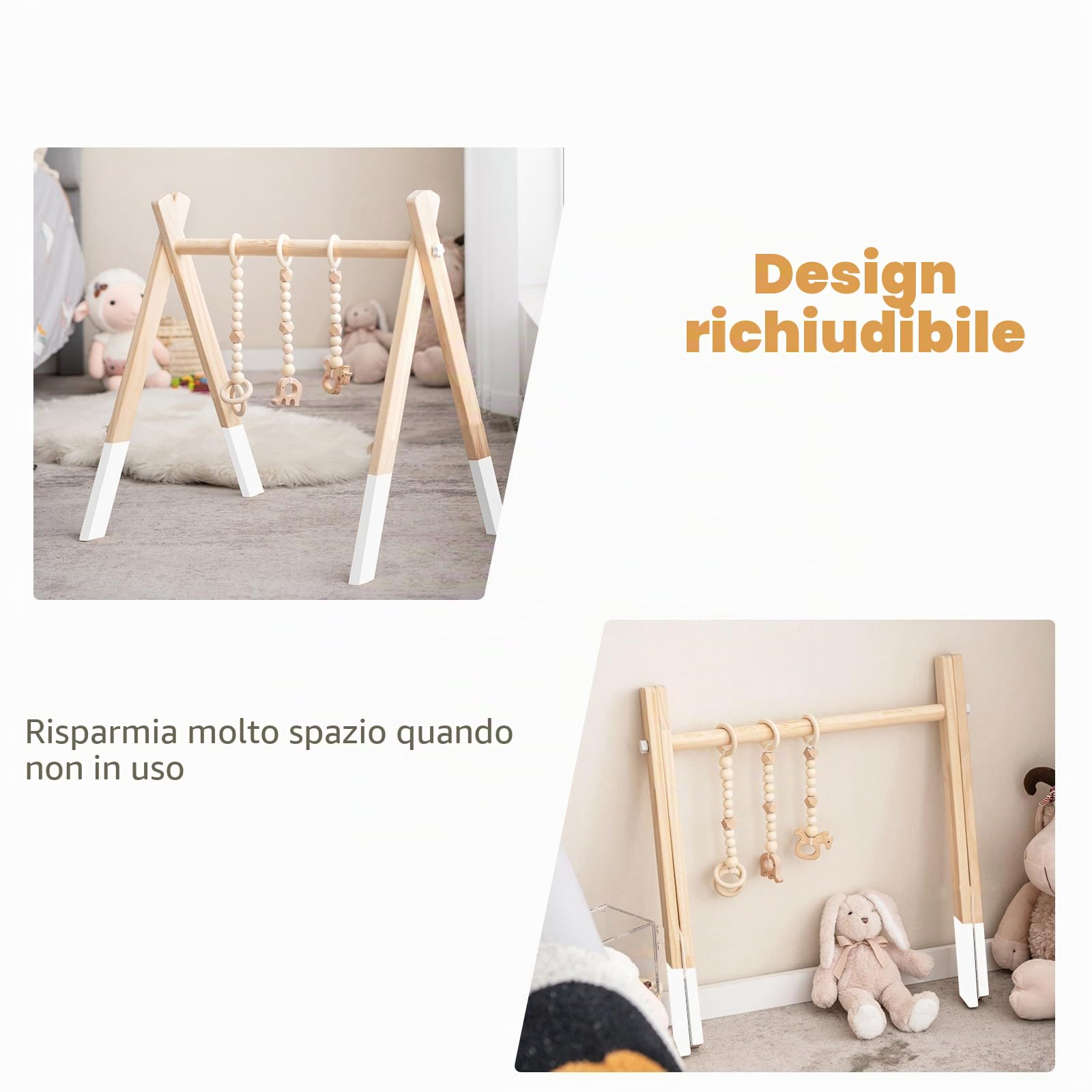 LIFEZEAL Portico di risveglio, arco di risveglio, giocattolo di attività, in legno, palestra per bambini pieghevole, trapezio di gioco per bambini 3+ mesi, cameretta dei bambini (bianco)