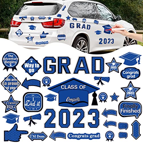 37Pcs Graduation Car Reflective Magnets Grad 2023 Car Decorations Waterproof Decal Graduation Cap Fridge Refrigerator Automotive Garage Door Magnetic Sticker For Cars Metal Surface (Blue Black) #TOP5