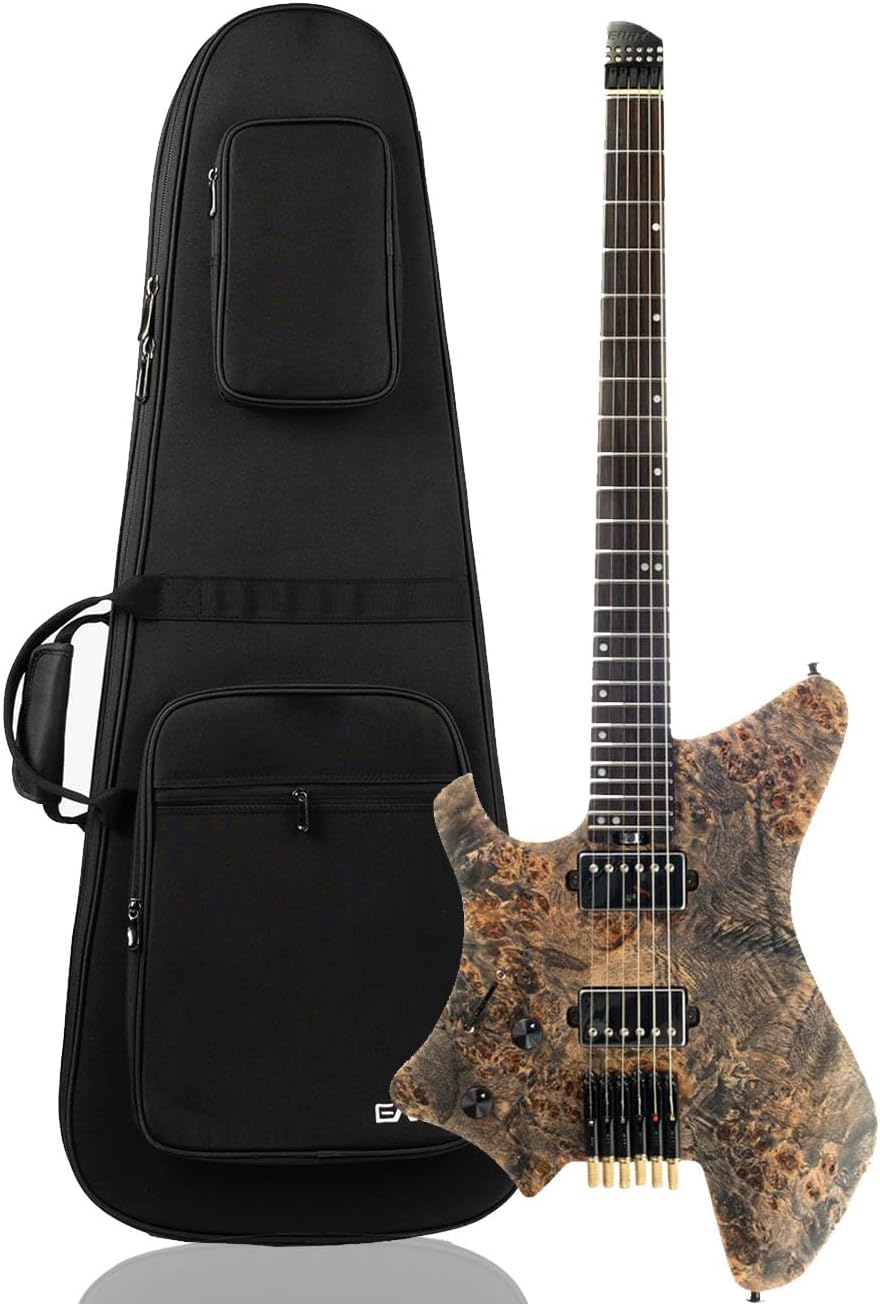 EART GW2L Headless Electric Guitar - Roasted Padauk/Poplar Burl Solid-Body, Compound Radius Neck, Custom Alnico-V Pickups, Headless Bridge System - Left Hand