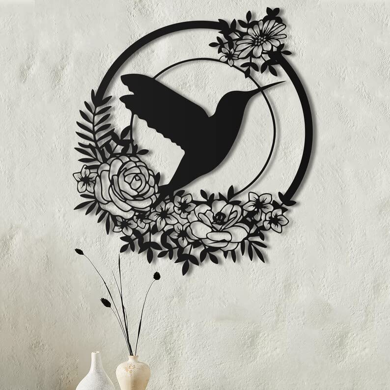 Image of Herrlich Homes Hummingbird Bird Metal Wall Art, Metal Wall Decor, Metal Wall Sculpture, Outdoor Wall Art, Wall Hanging, Home Decor | Black