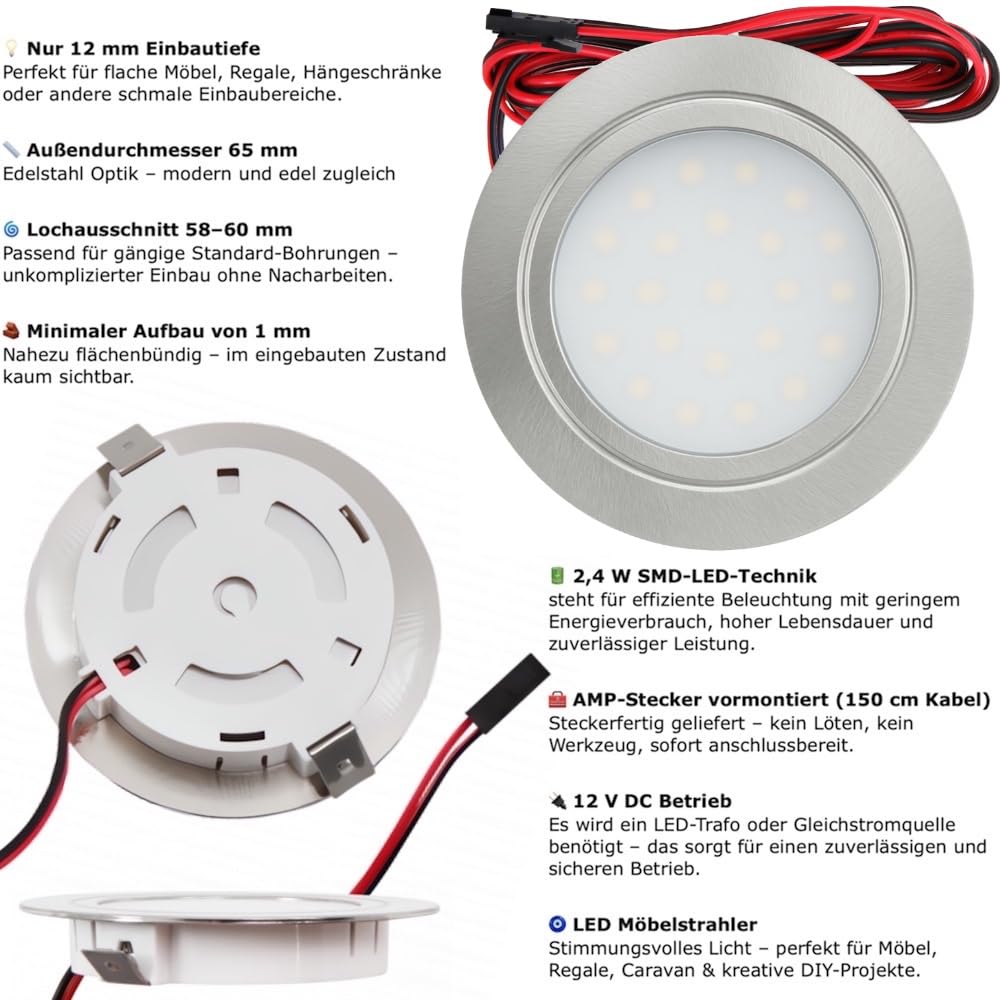 4er Set LED Möbel Einbaustrahler 12V ultra flach 2.4W Einbauleuchten Mila 160lm mit LED Trafo und 230V Zuleitung 3000K Warmweiß Lochausschnitt: 58 bis 60mm Silber Plug and Play Spots