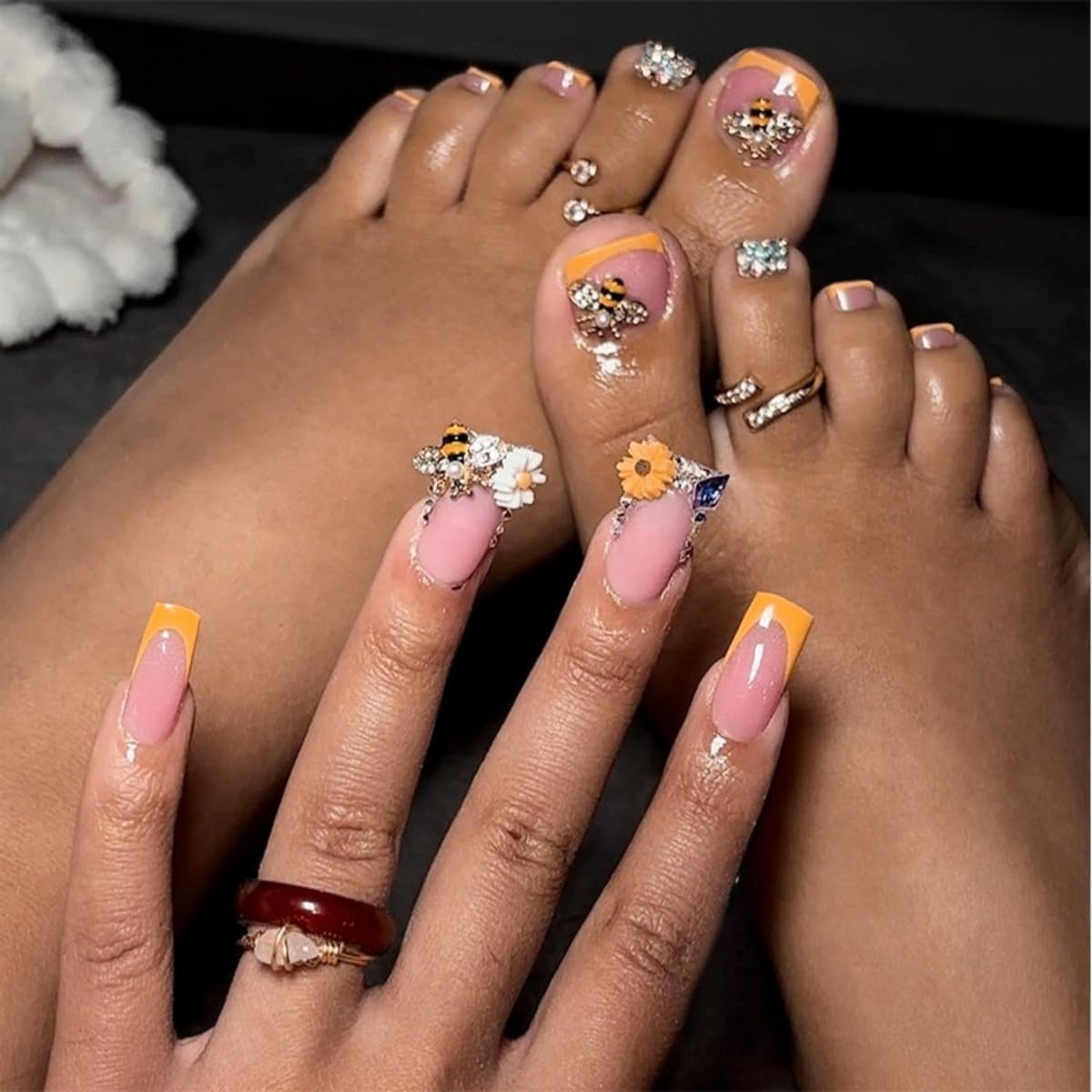 48Pcs Flower Press on Nails and Toes Matching Set Bow Rhinestone Fake Nails Square False Toenails White French Tip Design Stick on Nails Summer Acrylic Glue on Toenails for Women Nail Art Decoration