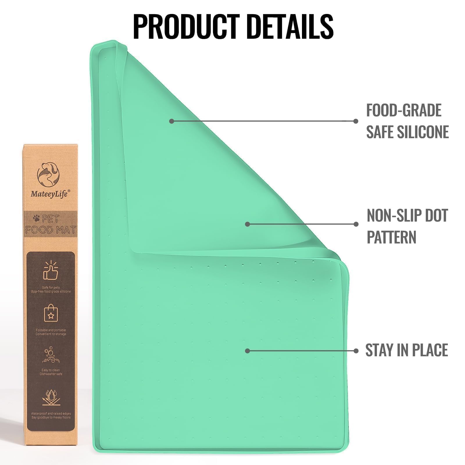 MateeyLife Tapis de nourriture pour chien et chat - Imperméable, antidérapant, bords surélevés - Plateau en silicone pour abreuvoirs désordonnés - 61 x 40,6 cm - Vert menthe