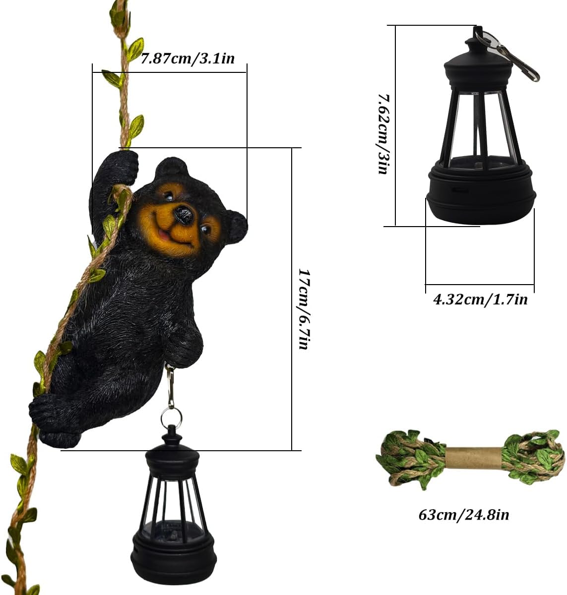 2 PCS Garden Outdoor Solar Light, 6.7'' Resin Black Bear/Squirrel Climbing On A 19.68" Vine with LED Lantern Waterproof Hanging Bear Figurine with Hook for Yard Garden Wall Decoration (Bears)