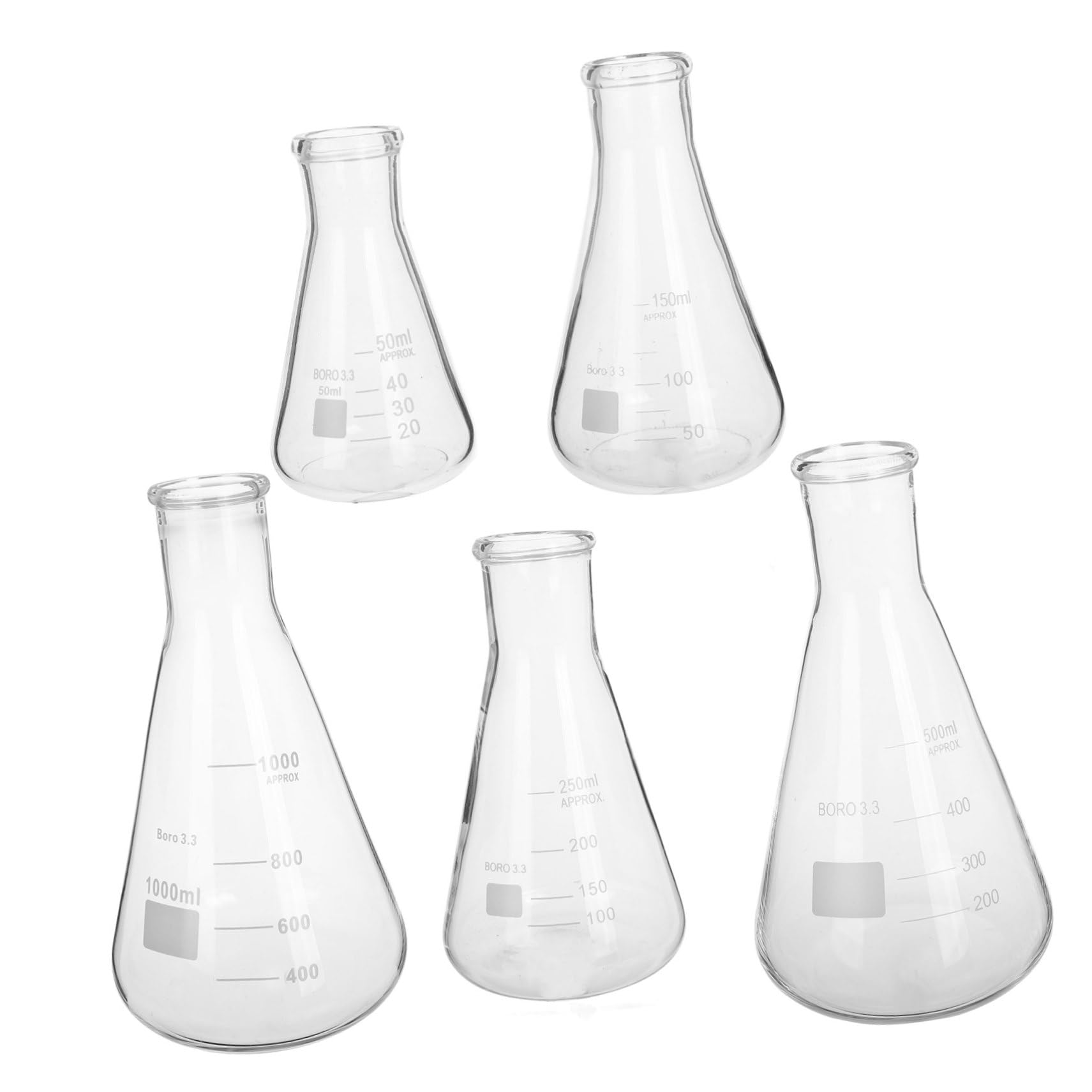 Cabilock Matraces Cónicos y Capacidad de 50ml a 1l Juego de 5 de Vidrio Borosilicato Base Triangular Resistentes a Altas Temperaturas para Experimentos de Laboratorio