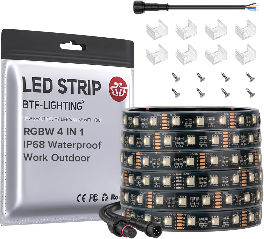 BTF-LIGHTING IP68 Waterproof Outdoor RGBW LED Strip 5050SMD RGB+Warm White(3000K-3500K) 4 Colors in 1 DC12V 16.4ft 5m 60LED/m Multi-Colored Tape Lights for Kitchen Decoration(No Adapter or Controller)