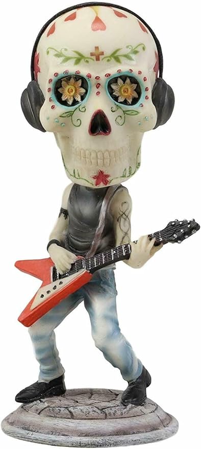 Ebros Gift Day of The Dead Skeleton Rock Band Guitar Player Guitarist with Headphones Bobblehead Statue 6.5