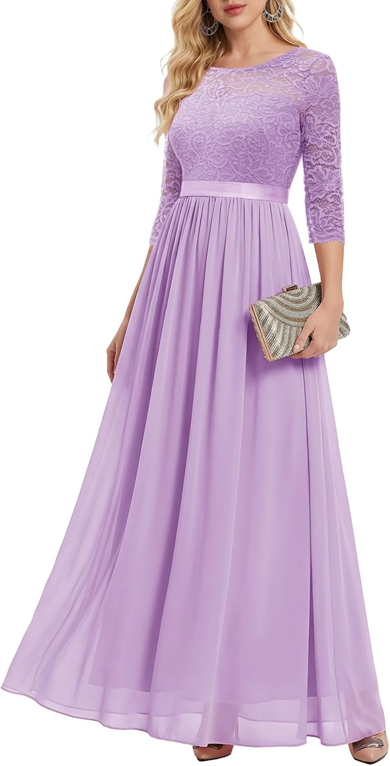 BeryLove Women Long Sleeve Formal Party Dress Lace Wedding Guest Maxi Dresses Elegant Cocktail Evening Gowns