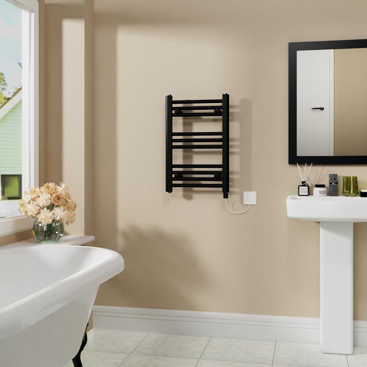 Warmehaus Black 200W Electric Heated Warming Towel Rail Bathroom Radiator - 600X400mm
