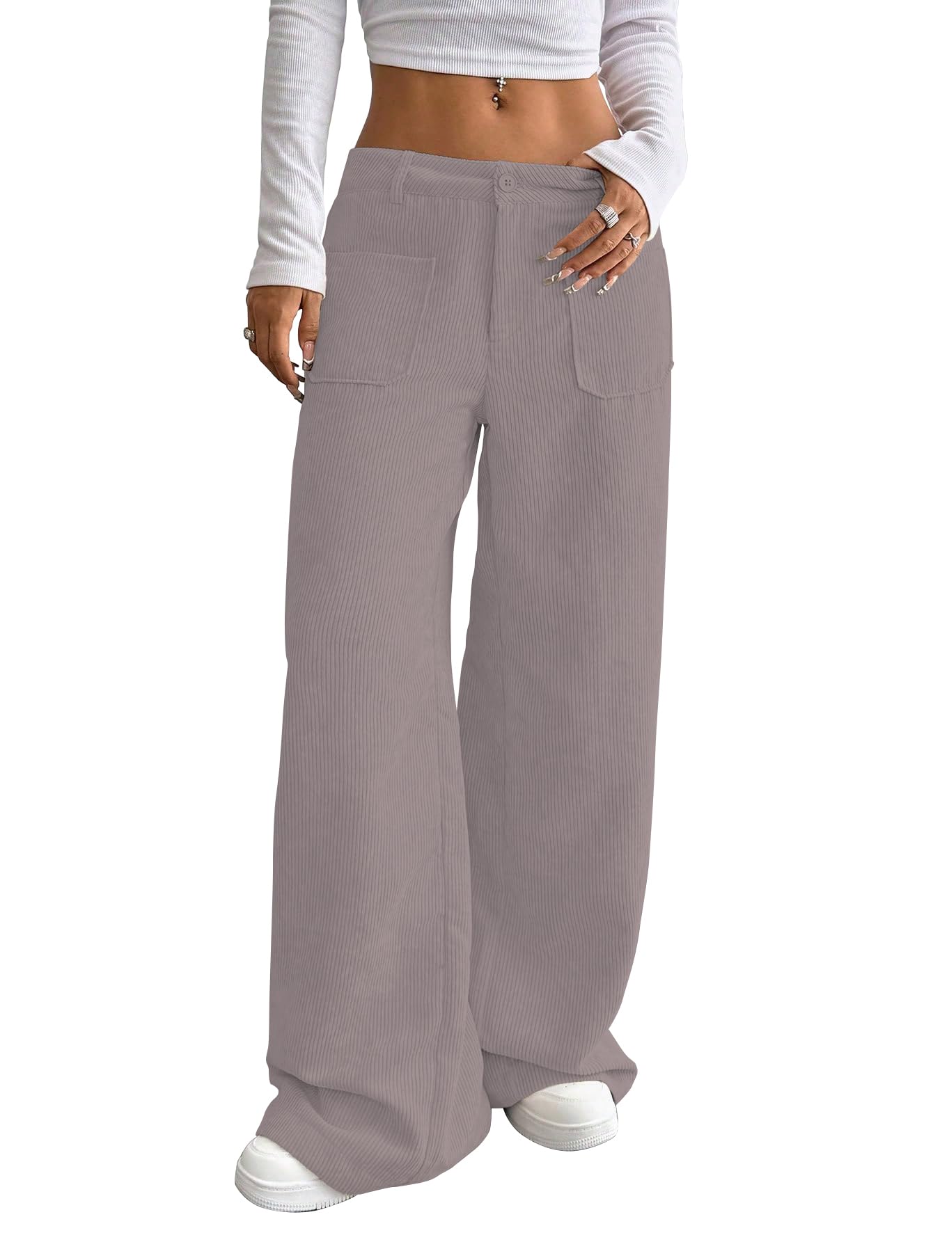 shasmi Women's Solid Corduroy Loose Fit Straight Leg Pants | Low Waist Wide Leg Casual Trousers with Front & Back Pockets | Fall Winter Minimalist Everyday Wear (Trouser 278)-picture-14