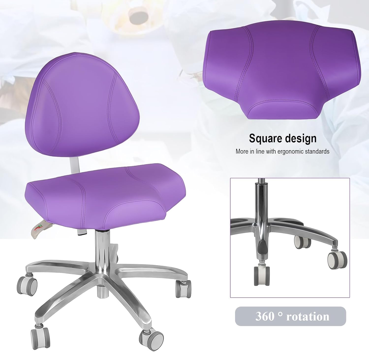 Ergonomic Design Height Adjustable Dental Doctor's Chair Lifting Chair U-Series Skin Feel Leather Swivel Rolling Stool with Backrest Purple Color PLST-102