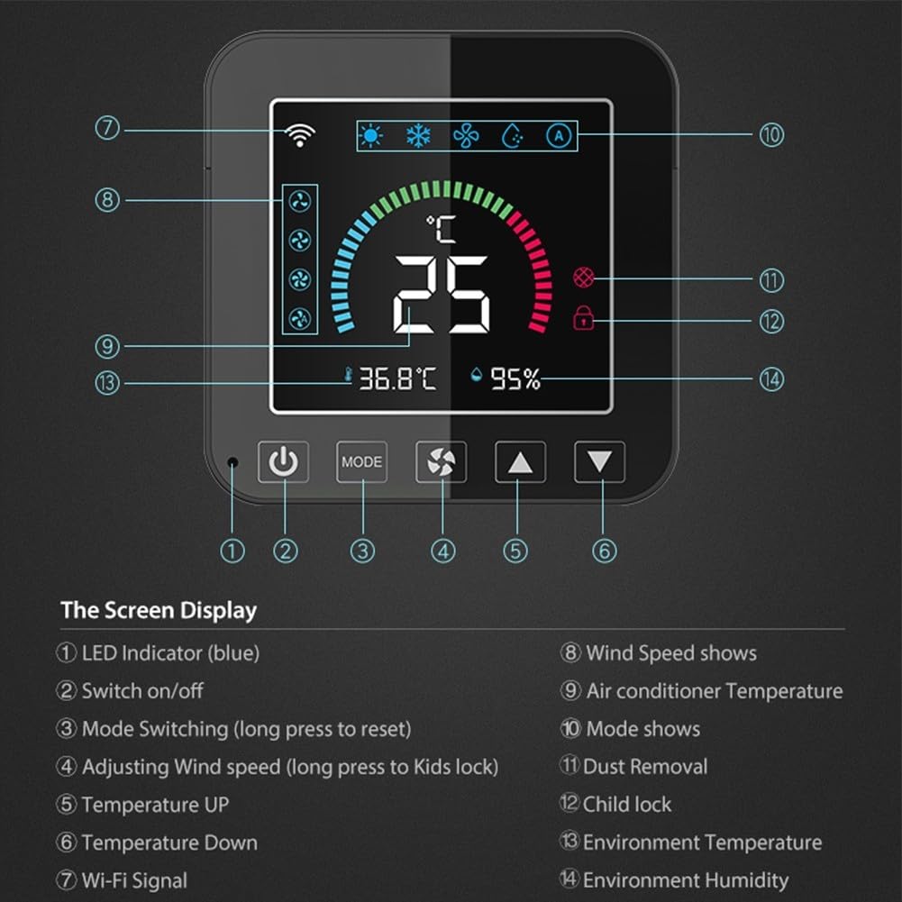 per Tuya, termostato WiFi, controllo intelligente della temperatura, regolazione della temperatura a distanza, display LCD, controllo IR a infrarossi, compatibile con la maggior parte delle marche