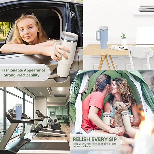 Miniatura 6 de JDZEYUKK Vaso de 40 onzas con asa y tapa con pajilla, vasos aislados de acero inoxidable, taza de viaje para bebidas calientes y frías, termo de