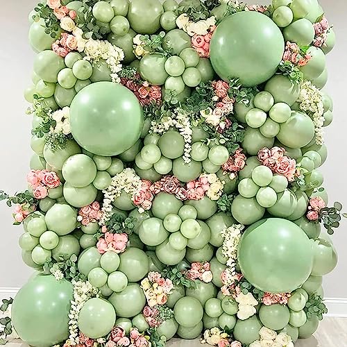 Image of Sage Green Balloons, 113PCS Retro Olive Green Balloon Garland Arch Kit 5 /10 /12 /18 Inch, Different Sizes Eucalyptus Avocado Green Latex Helium Party Balloons Set for Jungle Safari Birthday Decorations