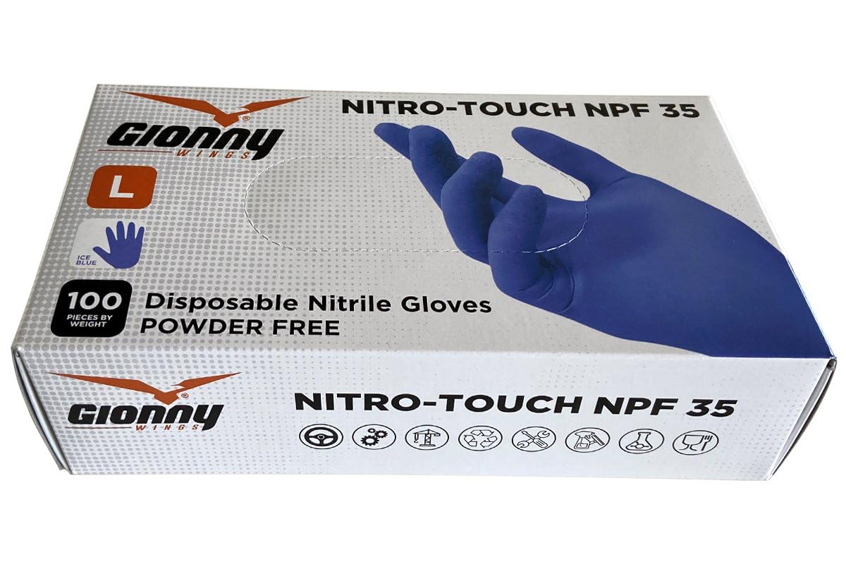 Payper NITRO-TOUCH NPF 35 Guanti nitrile monouso da lavoro ambidestri senza polvere resistenti Blu Ghiaccio, Conf. 10 Box da 100 pz (M)