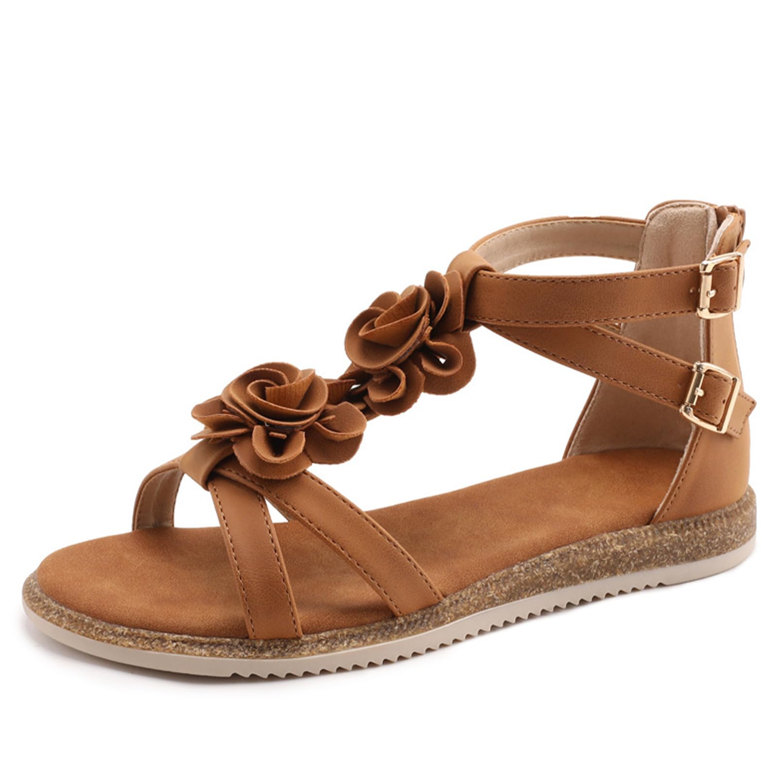 Sandalias boho mujer sandalias romanas planas mujer sandalias florales mujer tiras cruzadas tobillo cremallera trasera punta abierta playa caminar vacaciones viaje mar