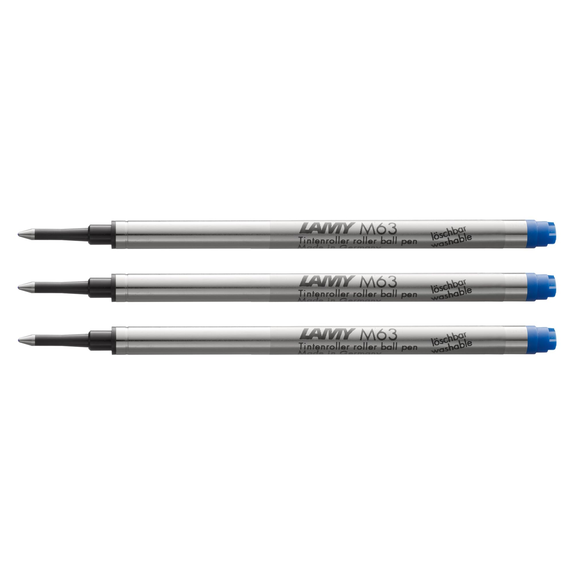 Lamy M63 3-pack of large-capacity metal rollerball refills - Original replacement refills for all rollerball pens with cap - Document-proof - Medium line width in blue ink