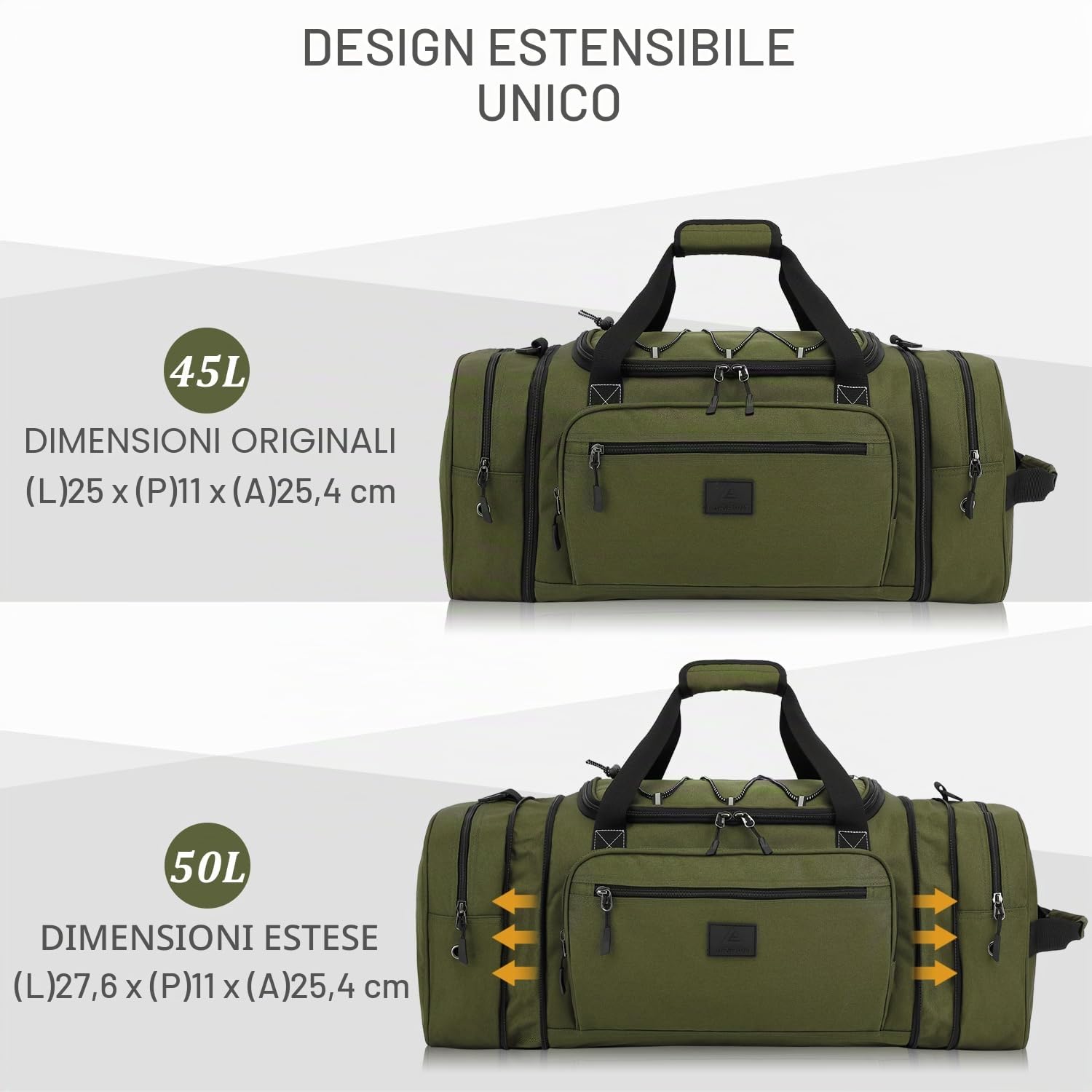 Laripwit Borsa da viaggio espandibile da uomo, weekender, bagaglio a mano per campeggio e sport, verde militare, 70 x 28 x 25.4 cm