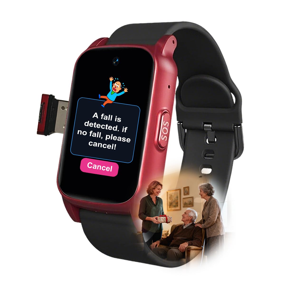 Reloj Localizador Personas Mayores con Detección De Caídas, Alarma SOS De Emergencia Pulseras Localizador GPS, Reloj Emergencia AncianosRed,1.25 * 0.57 * 2.22inch