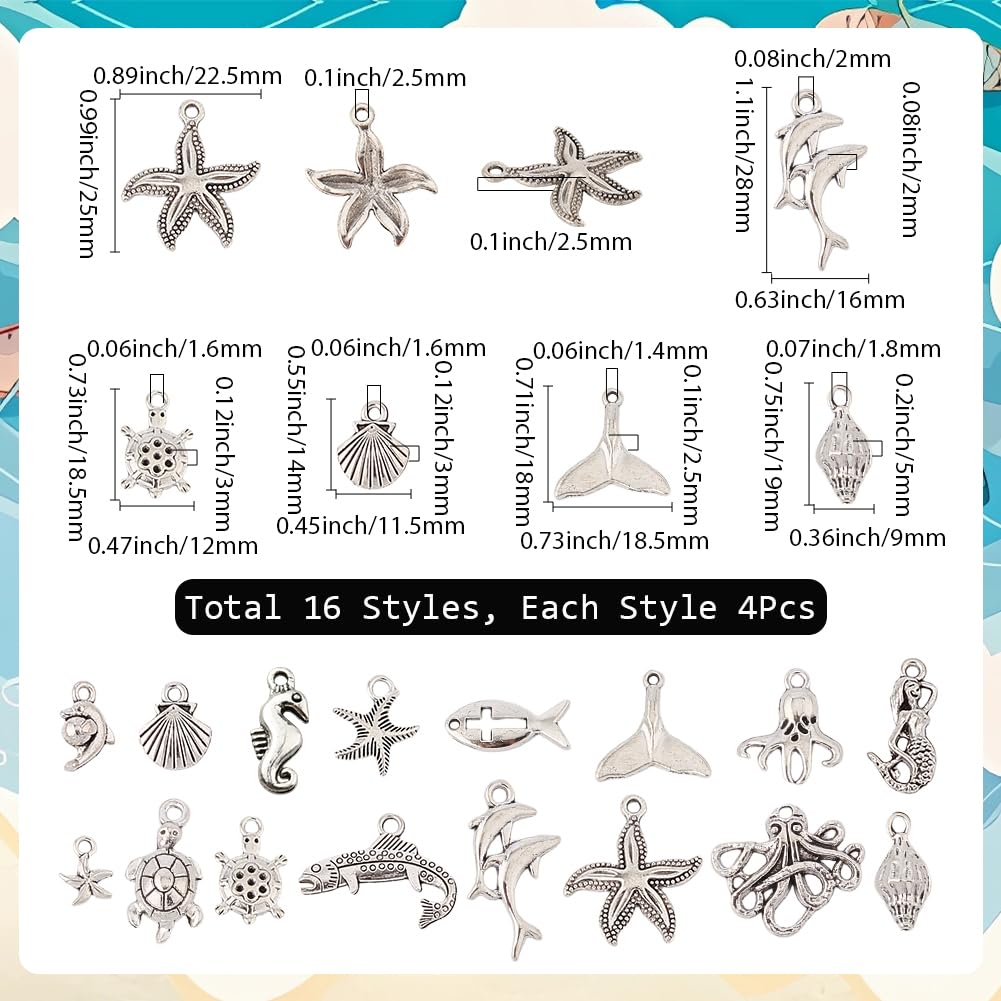 SUNNYCLUE 1 Box 64Pcs 16 Styles Silver Sea Animals Charms Ocean Animal Charms Tibetan Antique Alloy Summer Hawaii Dolphin Mermaid Turtle Dangle Pendants for Jewellery Making Findings DIY Necklace - Image 2