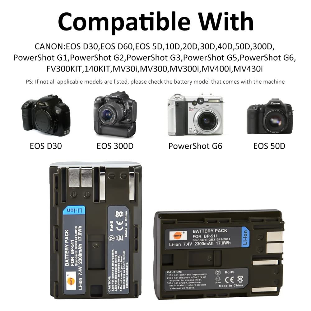 DSTE 2PCS BP-511 BP511 Batterie Compatible avec Canon EOS 300D 5D 10D 20D 30D 40D 50D