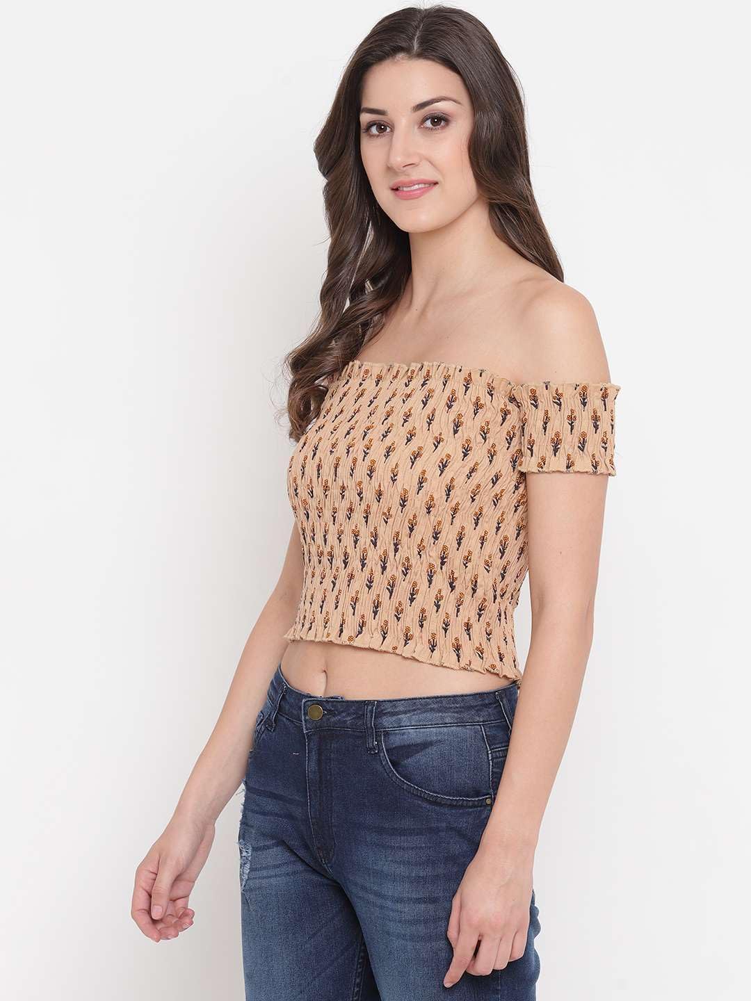 Zenvy Crafts Women's Rayon Printed Off-Shoulder Smocked Crop Top Short Sleeve Casual Styles Tank Top (Free Size) Multi41