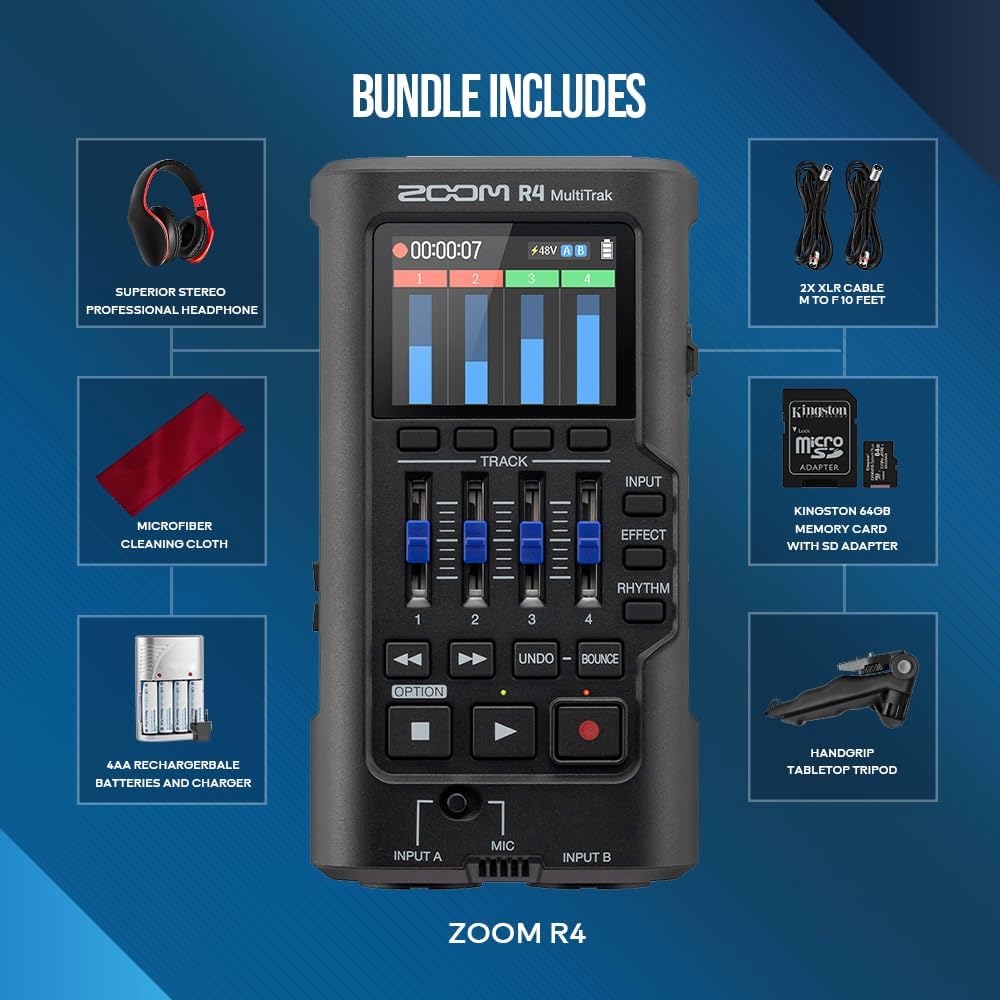 Zoom R4 Multitrak - 32-Bit Float Recorder, 4-Track Recording w/Stereo Bouncing, Dual XLR/TS Inputs with 2 XLR Cables, Rechargeable Batteries, Headphone w/Built-In Mic, Tripod, 64GB MicroSD & More