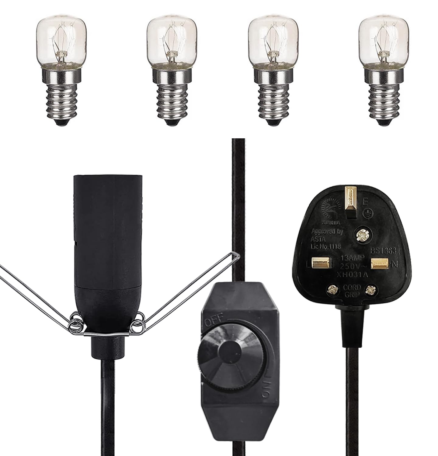 Haraqi Salt Lamp Replacement Light Fitting with Dimmer Control +Safe Plug and 4 Salt lamp Bulbs (E14 Original Replacement), Himalayan Salt lamp Cord