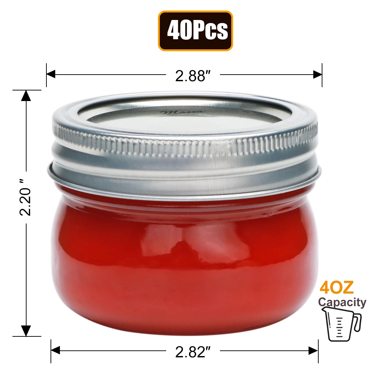 COMUDOT 40 Pack Mason Jars, 4 oz Food Storage Jars with Split-Type Metal lids, Glass Canning Jars for Jams, Overnight Oats, Candies, Honeys, Snacks,DIY Projects,Wedding/Party/Shower Favors
