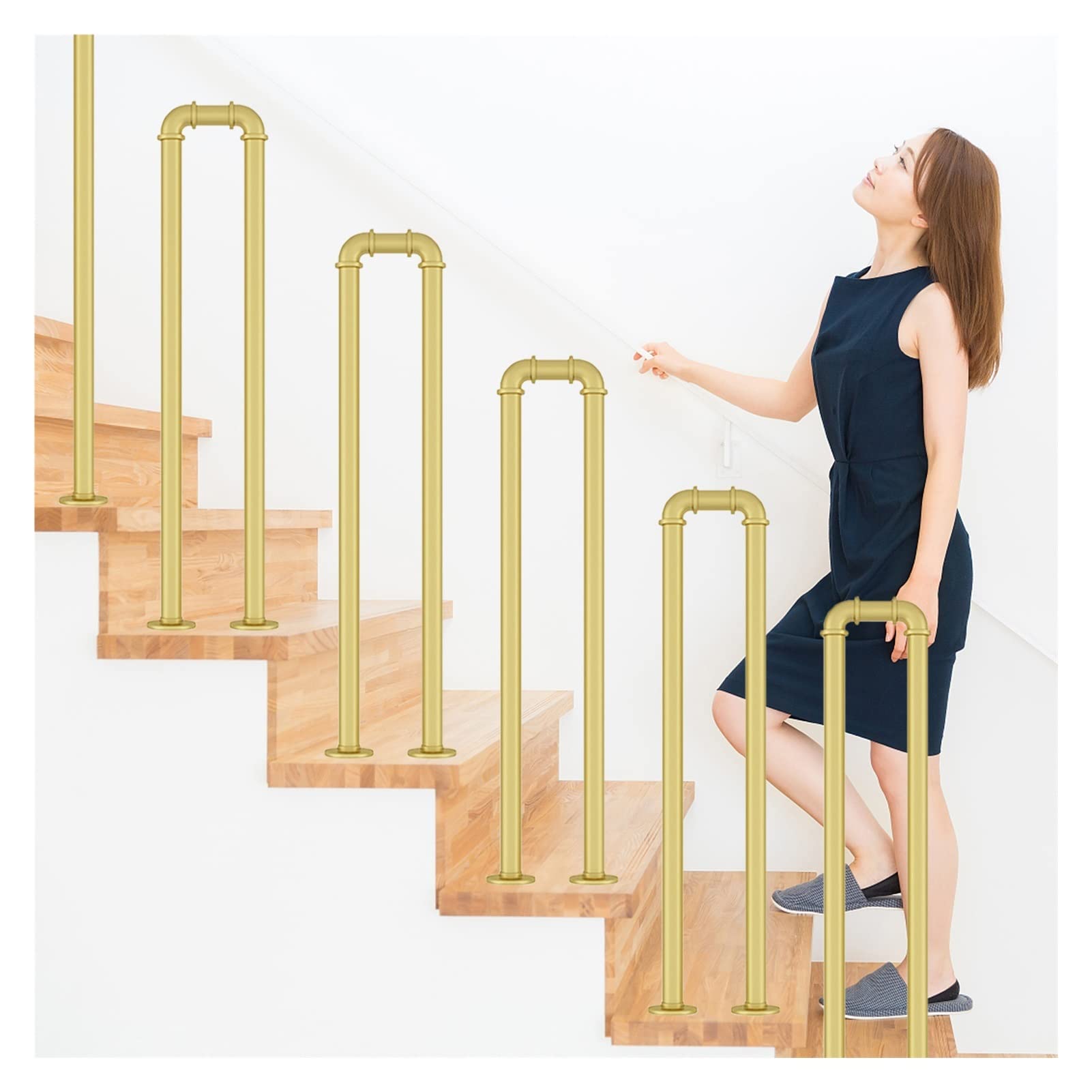 Meiiron Staircase Handrail Complete Set Indoor Outdoor Grab Rail Anti-Slip Stair Railing Iron Banister Hand with Metal Bracket Fitting, Sturdy Metal Barckets (1 Pc) (Color : Gold, Size : 65cm(25.6"))