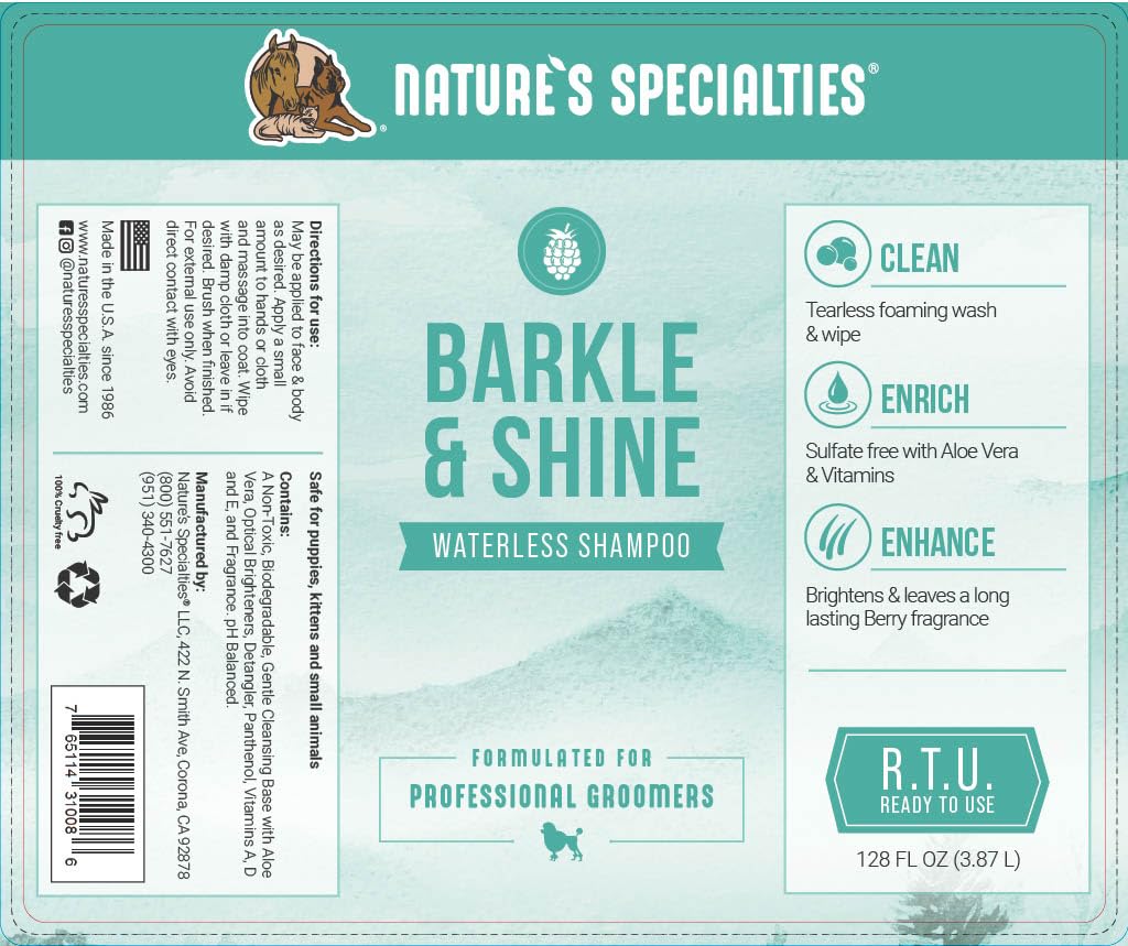 Nature's Specialties Barkle & Shine Waterless Foam Gesichtsreinigendes Hundeshampoo - Wasserloses Hundetrockenshampoo - Optischer Aufheller Farbverbesserndes Shampoo, 3.8L
