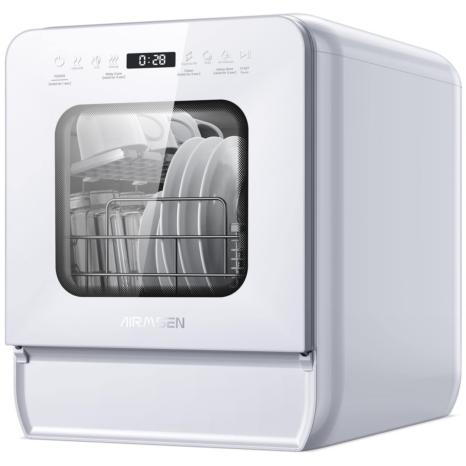 AIRMSEN 2025 NEW Upgraded Table Top Dishwasher with Soft Water Salt Function, Portable Countertop Dishwasher with 9 Programs & 5L Tank, 2-12H Delay Start & 360° Triple Spray Arms, White — view 12