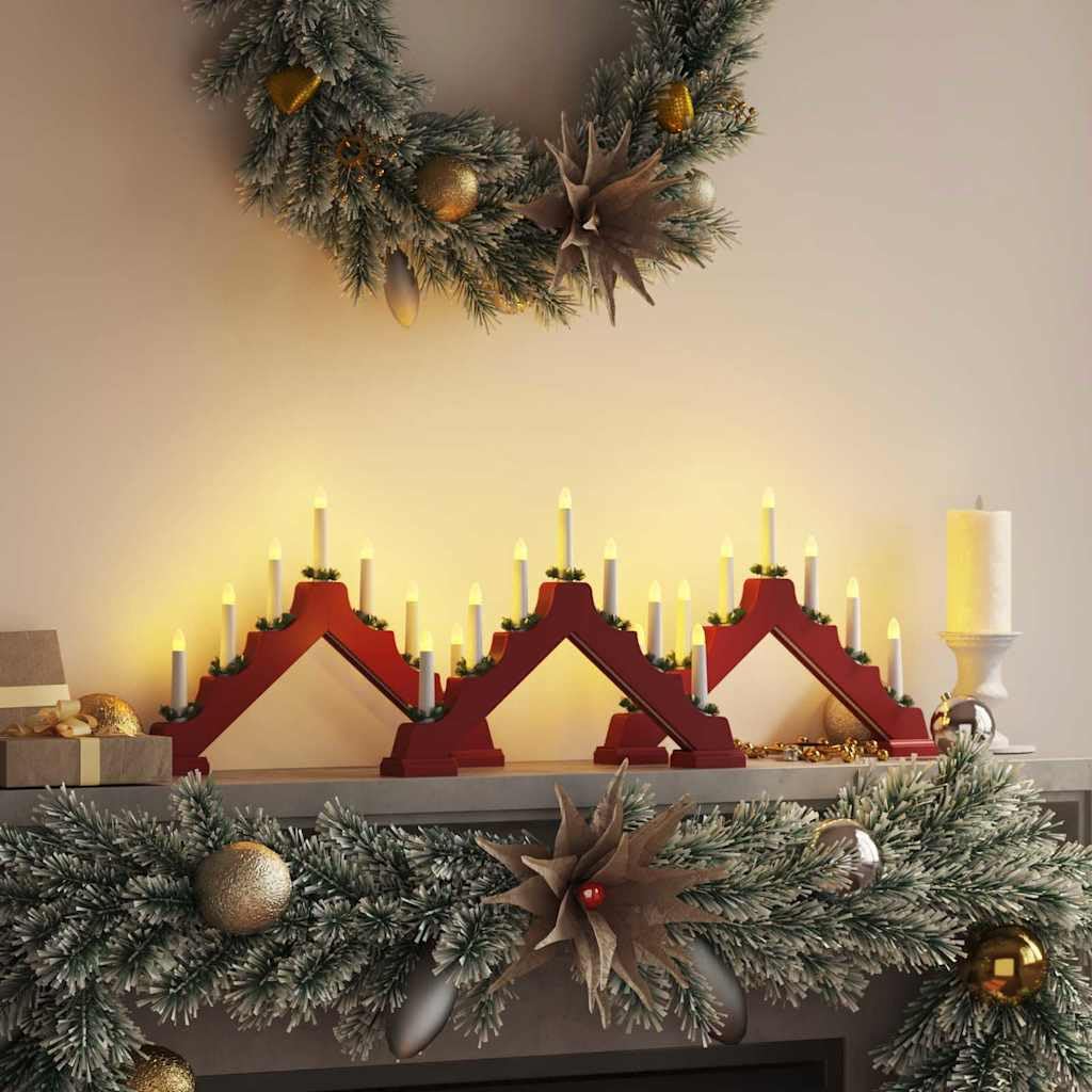 Świąteczny most na świece z 7 diodami LED, 3 sztuki, czerwone, drewno sosnowe 39,5 x 5 x 29 cm, zasilany bateriami, ciepłe białe światło, na okno, stół, dekoracja adwentowa i do wnętrz
