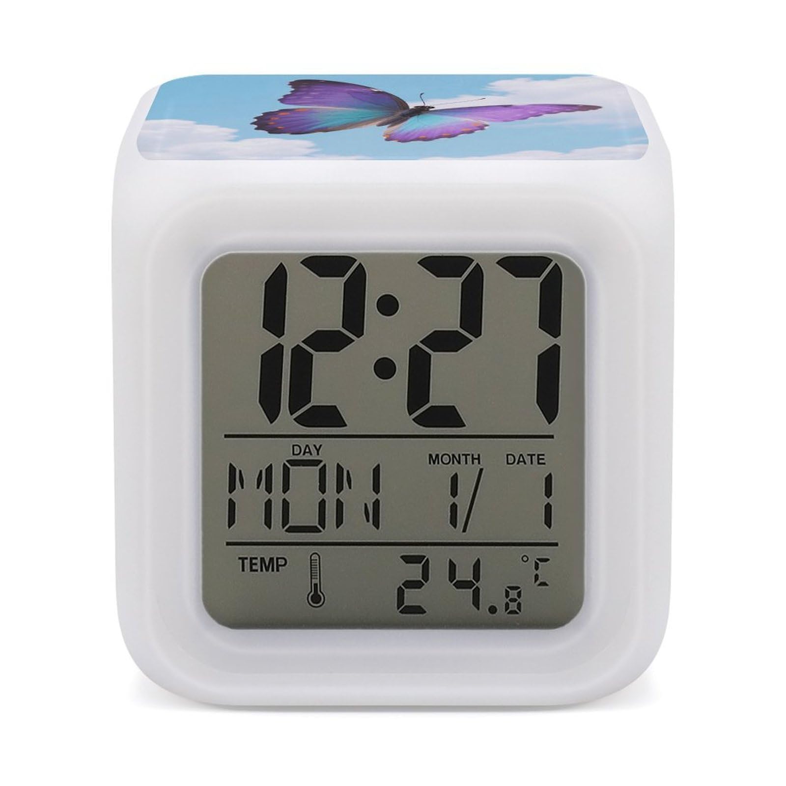 7 Color Ambient Night Light Cube Battery Operated Colorful Butterflies Digital Clock with Snooze Temperature LED Digital Alarm Clocks Dimmable Wake Up Light Portable Mood Lamp for Bedroom Desk Gift