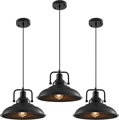 Lámpara colgante negra de 12.5 pulgadas, paquete de 3 unidades, luz colgante de granja, iluminación colgante industrial, luces colgantes de cocina,